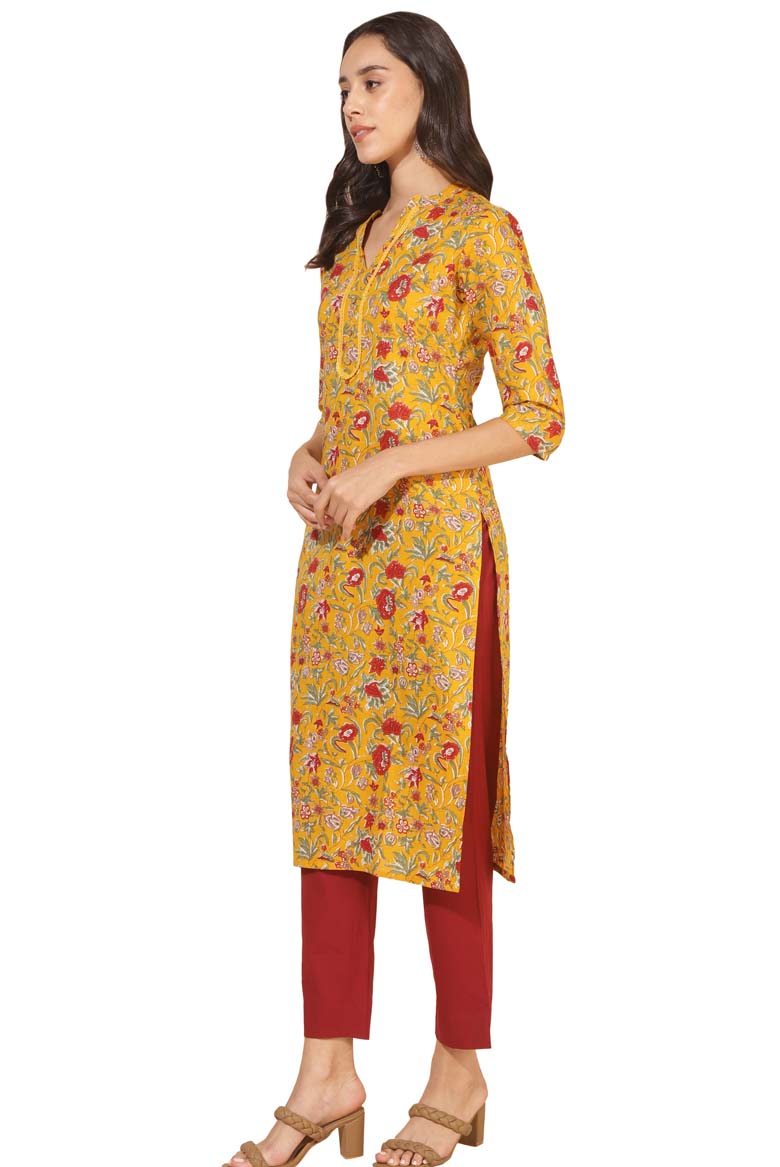 Mustard Cotton Floral Regular Kurta - Vihana