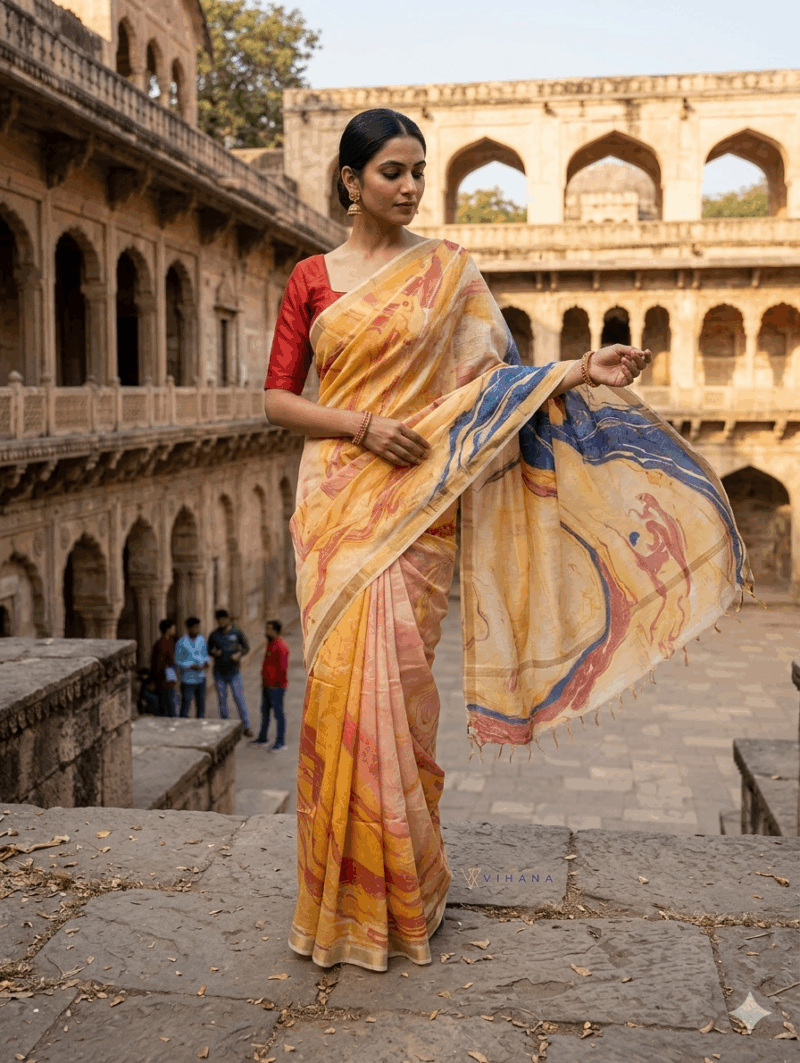 Khatan Semi Silk Marble print Yellow and Red