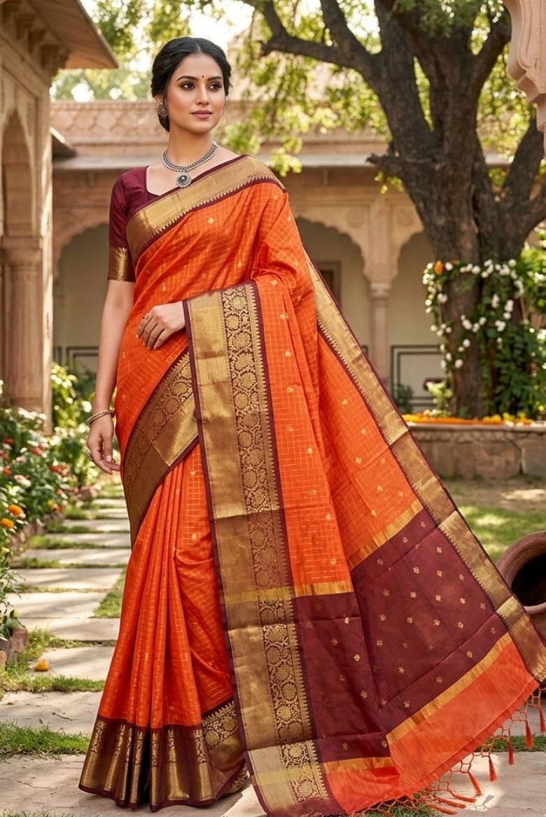 Orange Banarasi Khatan Silk Saree