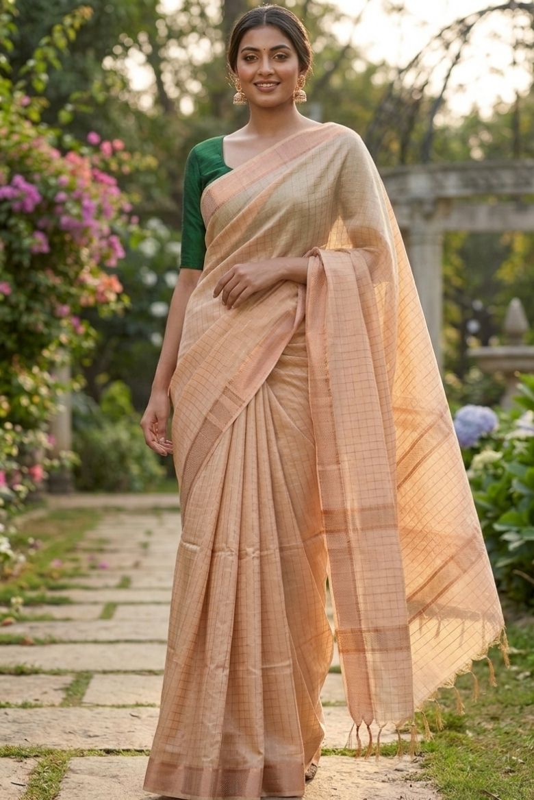 Cream Kota Mini Check Mangalagiri Silk