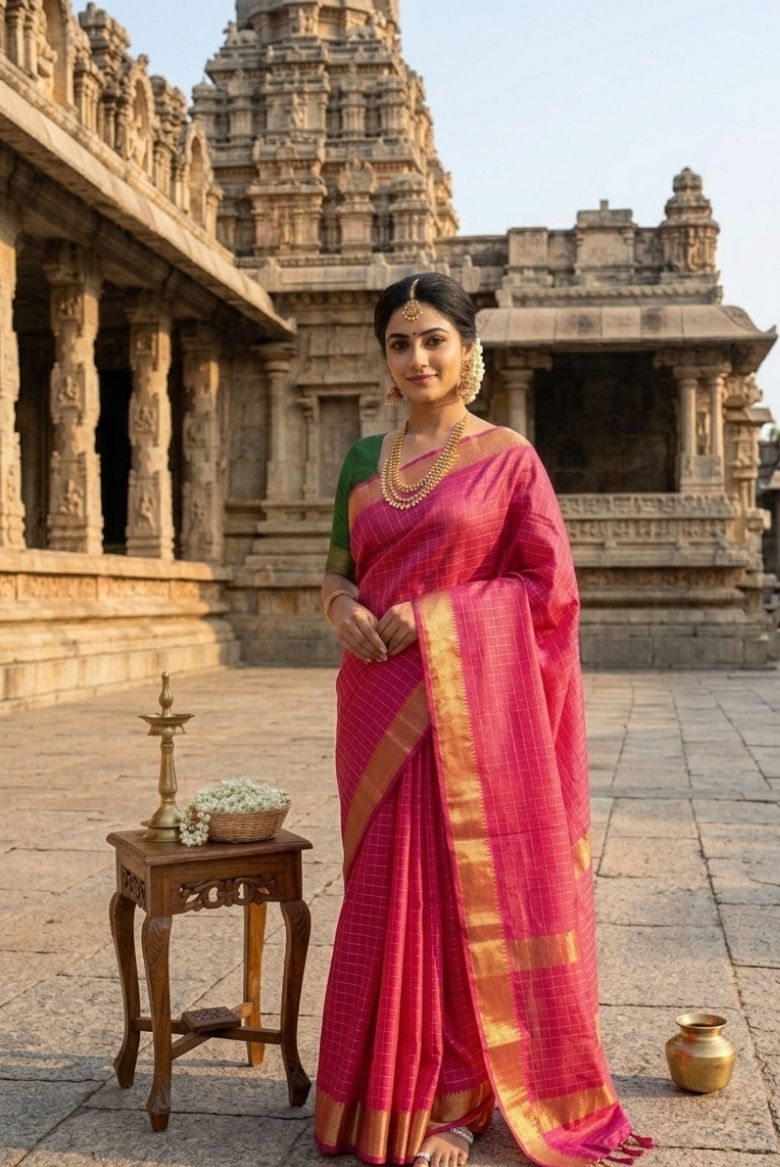Pink Kota Mini Check Mangalagiri Silk